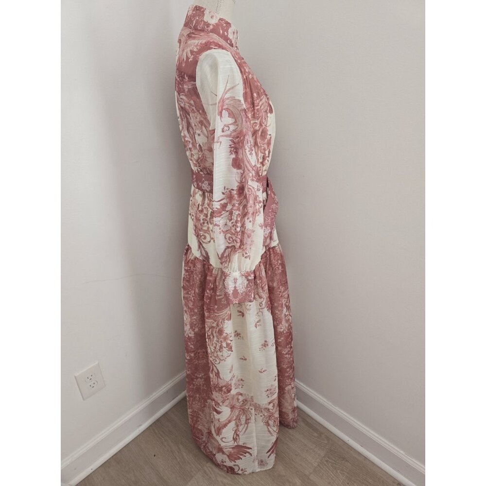 Floral Maxi Chinoiserie High Neck Belted Long Sleeves Mauve Pink Cream Dress M - Picture 5 of 12